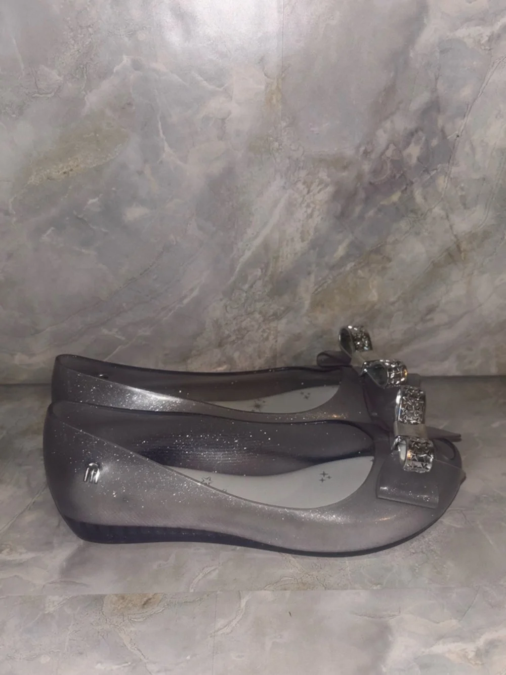 Mini Melissa silver Glitter Bow Peep-Toe Jelly Flats